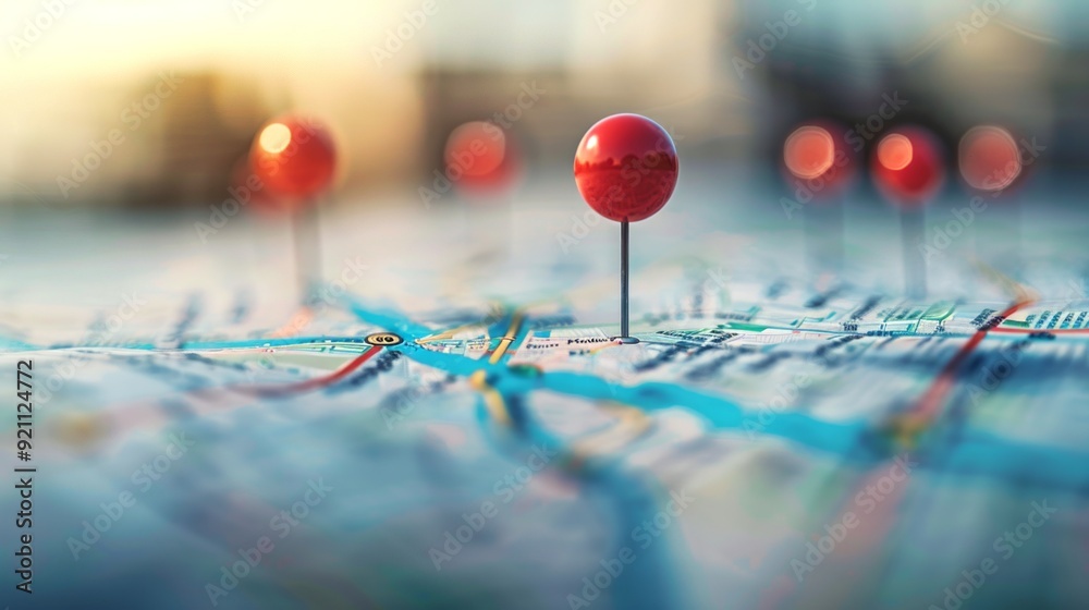 A close-up view of a map with red pins marking specific locations. This image captures the essence of navigation and exploration. Perfect for travel, planning, and geolocation themes. AI A close-up view of a map with red pins marking specific locations. This image captures the essence of navigation and exploration. Perfect for travel, planning, and geolocation themes. AI