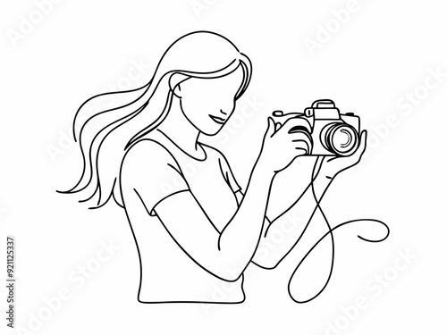 continuous single line drawing of woman with DSLR camera taking pictures, line art vector illustration
