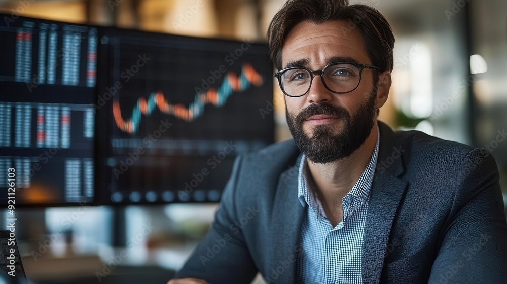 Confident businessman in front of a computer screen displaying stock market data, focused on financial charts and market trends. Confident businessman in front of a computer screen displaying stock market data, focused on financial charts and market trends.
