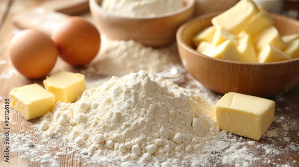 Arrange flour, eggs, butter, and other baking ingredients on a kitchen table Arrange flour, eggs, butter, and other baking ingredients on a kitchen table