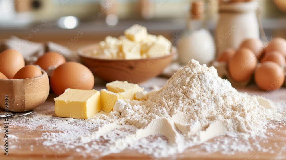 Arrange flour, eggs, butter, and other baking ingredients on a kitchen table Arrange flour, eggs, butter, and other baking ingredients on a kitchen table