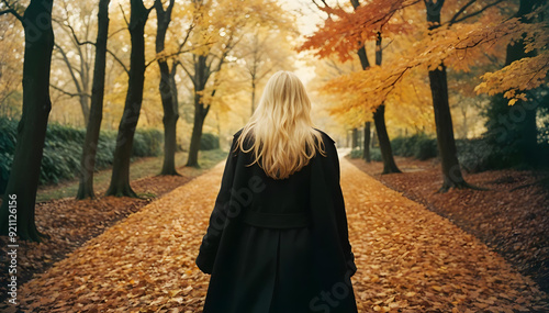 Blonde White Young Woman on a Leaf-Covered Path Autumn or Fall Walk