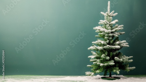 Snow-Covered Christmas Tree on Green Background