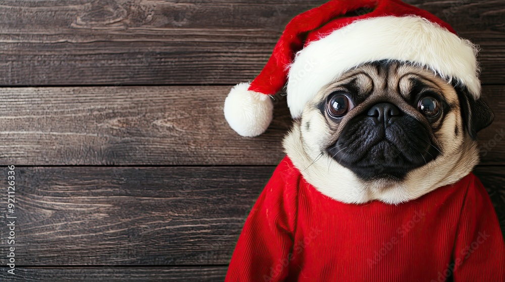 Adorable pug wearing Santa hat red outfit looking festive against wooden background copy space Adorable pug wearing Santa hat red outfit looking festive against wooden background copy space