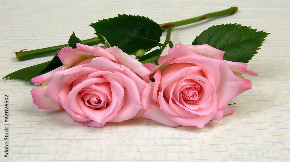 Close-up of two pink roses with delicate petals green leaves on white background Close-up of two pink roses with delicate petals green leaves on white background