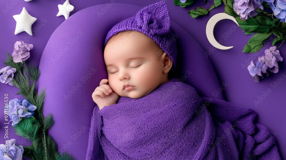 Peaceful Newborn Baby Sleeping with Purple Wrap on Lavender Background Peaceful Newborn Baby Sleeping with Purple Wrap on Lavender Background