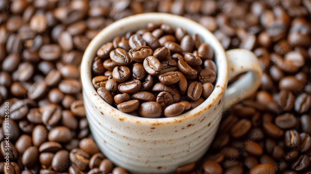 Fill a cup to the brim with rich, aromatic coffee beans, set against a clean background. Fill a cup to the brim with rich, aromatic coffee beans, set against a clean background.