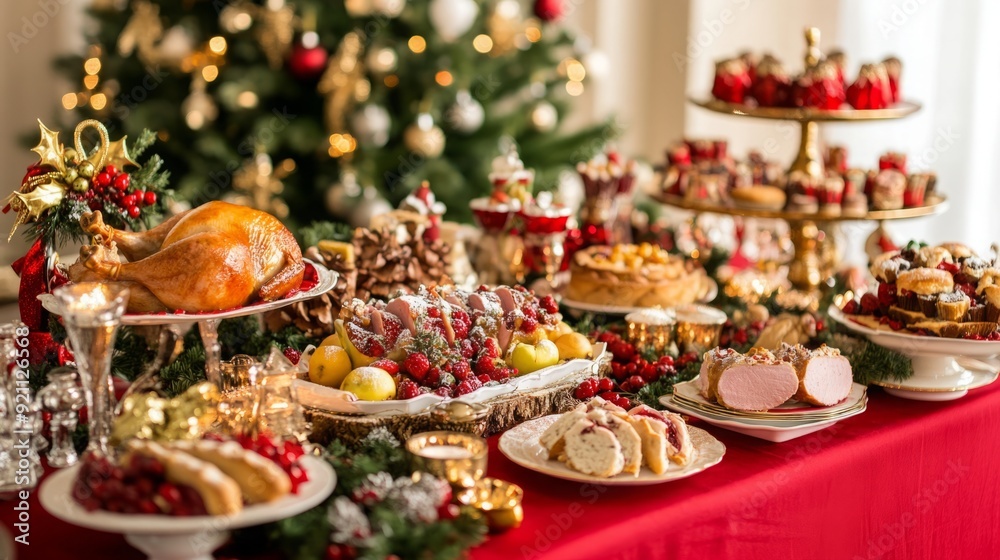 Elegant Christmas Feast: A Rich Red Tablecloth and Festive Delights Set the Stage for a Cozy Holiday Celebration Elegant Christmas Feast: A Rich Red Tablecloth and Festive Delights Set the Stage for a Cozy Holiday Celebration