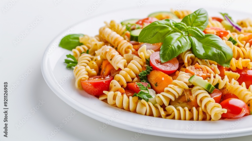 Pasta with fresh vegetables on a clean white background Pasta with fresh vegetables on a clean white background