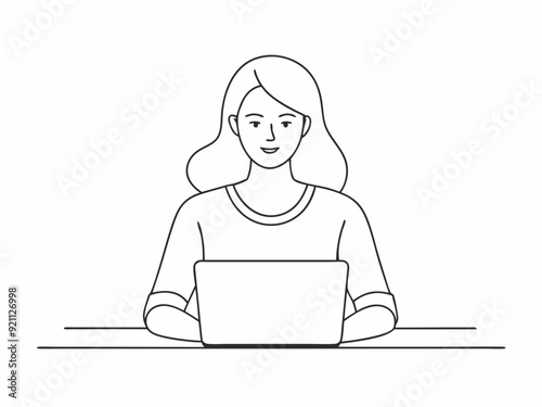 continuous single line drawing of female student using laptop computer, line art vector illustration 