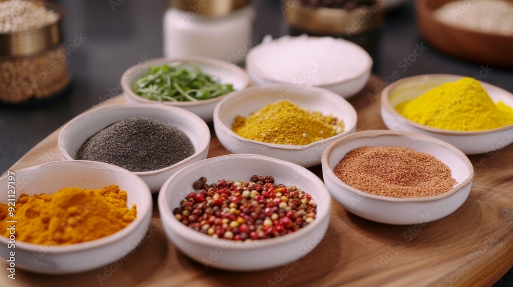Colorful spices in small bowls on a kitchen table Colorful spices in small bowls on a kitchen table