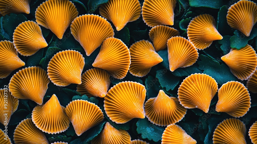 A cluster of orange-hued seashells resting atop a verdant plant carpeted with numerous emerald leaves A cluster of orange-hued seashells resting atop a verdant plant carpeted with numerous emerald leaves