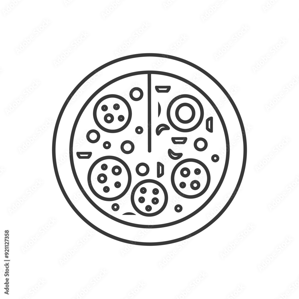 Outline drawing of a pizza with various toppings Outline drawing of a pizza with various toppings