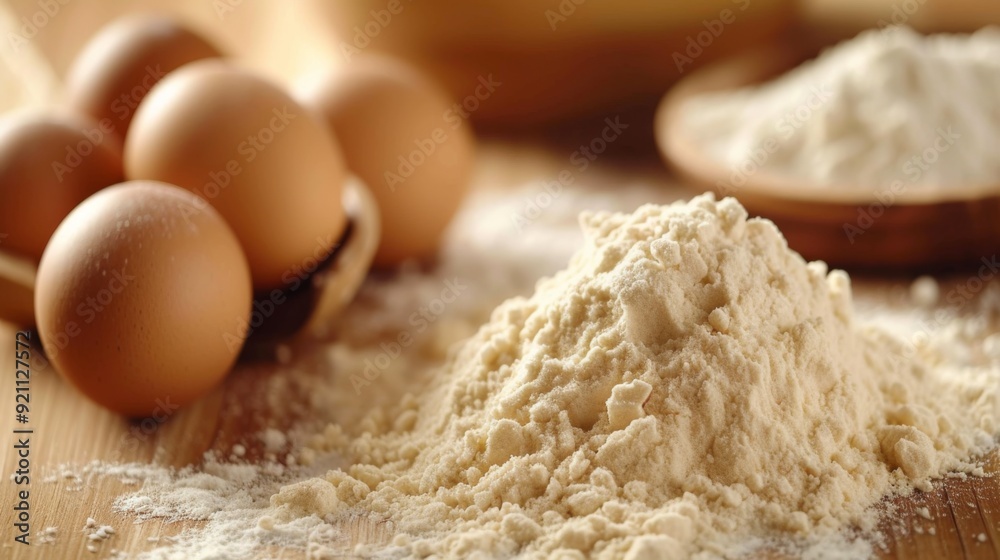 Fresh eggs, flour, and other baking ingredients, ready for making a delicious recipe Fresh eggs, flour, and other baking ingredients, ready for making a delicious recipe