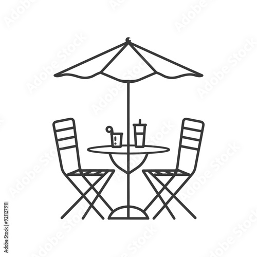 Outline Illustration of a Cafe Table with Two Chairs and Umbrella
