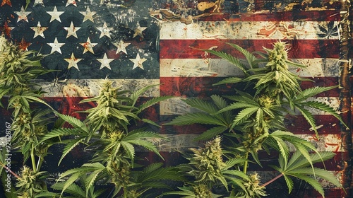 USA flag placed on a table with green cannabis leaves scattered over it, symbolizing marijuana legalization in the USA photo