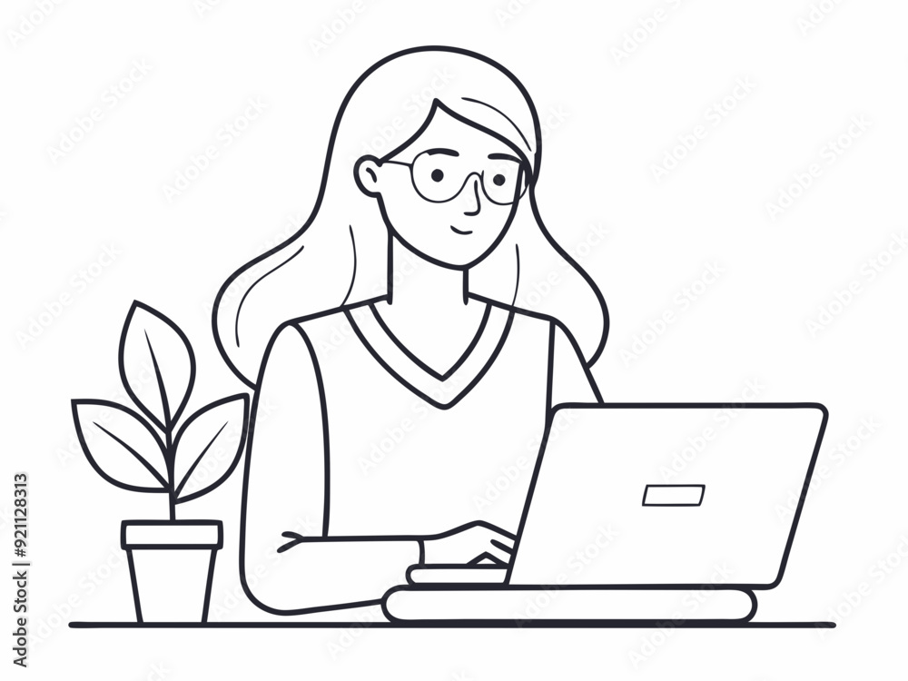 continuous single line drawing of female college student using laptop computer on her lap, line art vector illustration
continuous single line drawing of female college student using laptop computer on her lap, line art vector illustration