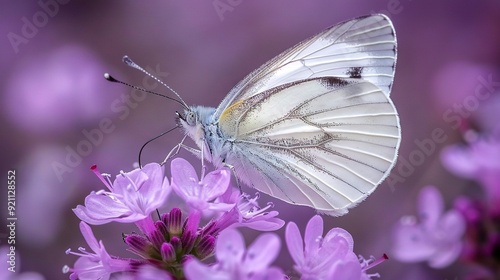   A close-up of a butterfly on a flower surrounded by purple flowers in the foreground and a blurred background