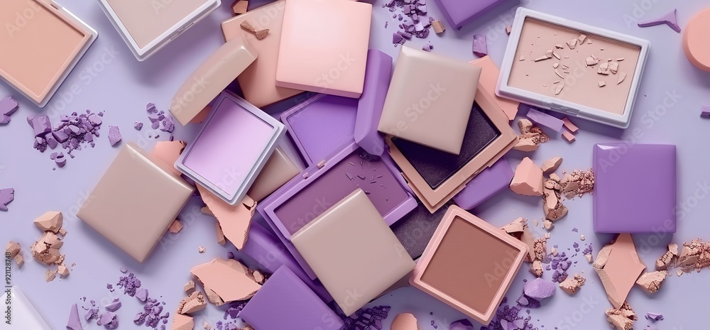 A collection of open and closed makeup palettes with various colors of eyeshadow and foundation, scattered on a purple background. A collection of open and closed makeup palettes with various colors of eyeshadow and foundation, scattered on a purple background.