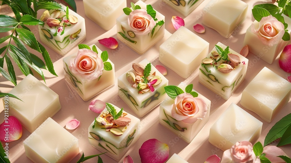 A photo of various soaps on a table with pink flowers and green foliage in the background A photo of various soaps on a table with pink flowers and green foliage in the background