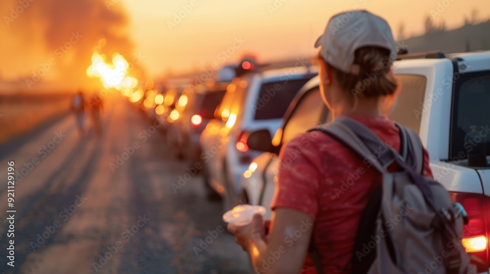 A person with a backpack holds a food container while standing on a road lined with cars, evacuating as a fire burns in the background during sunset light. A person with a backpack holds a food container while standing on a road lined with cars, evacuating as a fire burns in the background during sunset light.