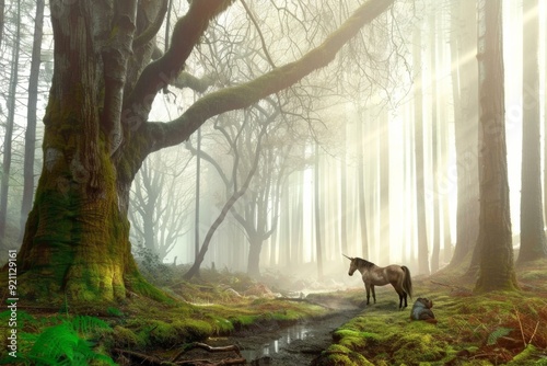 Enchanted Forest Scene with Horse in Misty Sunlight photo