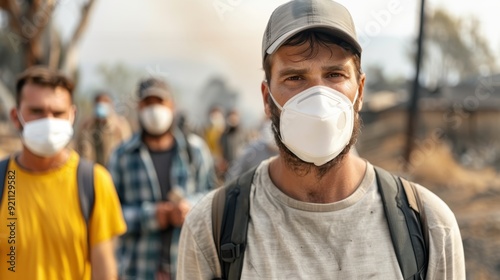 A group of people wearing masks evacuate through a smokey and hazardous environment with wildfires in the background, depicting a scene of urgency and protection. photo