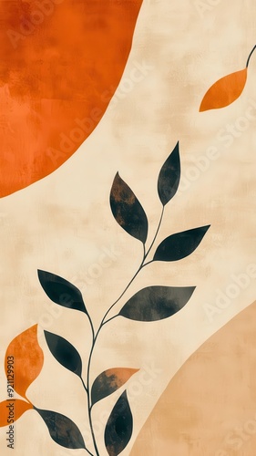 A minimalist abstract design featuring leaves on a textured background with warm earthy tones and fluid shapes.