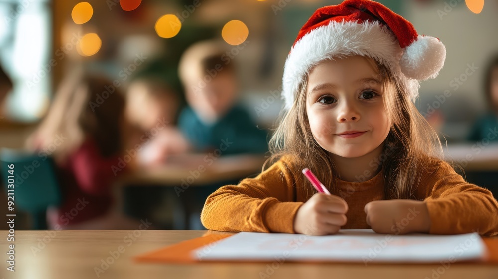 A young girl wearing a Santa hat, sitting at a desk, writing thoughtfully in a festive atmosphere with Christmas decorations around, symbolizing holiday cheer and creativity. A young girl wearing a Santa hat, sitting at a desk, writing thoughtfully in a festive atmosphere with Christmas decorations around, symbolizing holiday cheer and creativity.
