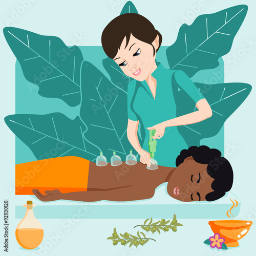 Cup massage. Treatments by professional therapist in spa. Vacuum therapy. Isolated flat vector illustration. European and African ethnicity.