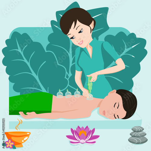 Cup massage. Treatments by professional therapist in spa. Vacuum therapy. Isolated flat vector illustration. European and Asian ethnicity.