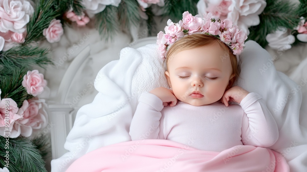 Serene Sleeping Baby with Floral Crown Surrounded by Soft Pink and White Accents Serene Sleeping Baby with Floral Crown Surrounded by Soft Pink and White Accents