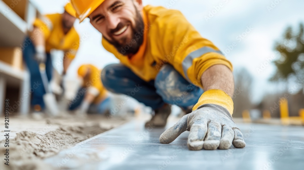 A smiling construction worker, dressed in a yellow uniform, kneels down to smooth a surface at a construction site, with colleagues working behind him, creating a focused work atmosphere. A smiling construction worker, dressed in a yellow uniform, kneels down to smooth a surface at a construction site, with colleagues working behind him, creating a focused work atmosphere.