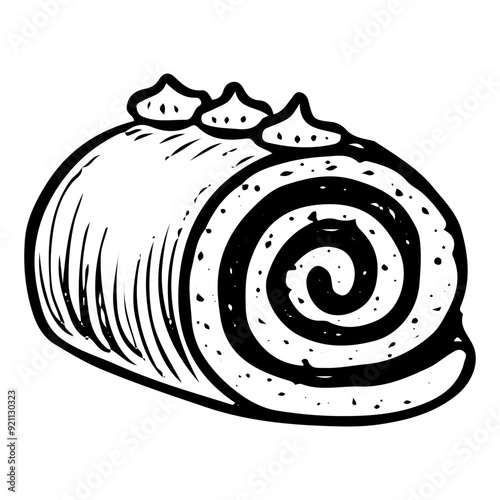 Sponge cake roll with cream hand drawn doodle. Sweet dessert food. Confectionery sugar pastry. Bakery product. Baked cake with filling. Vector outline line art illustration.