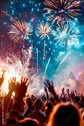crowd enjoying and cheering at night festival with Fireworks display