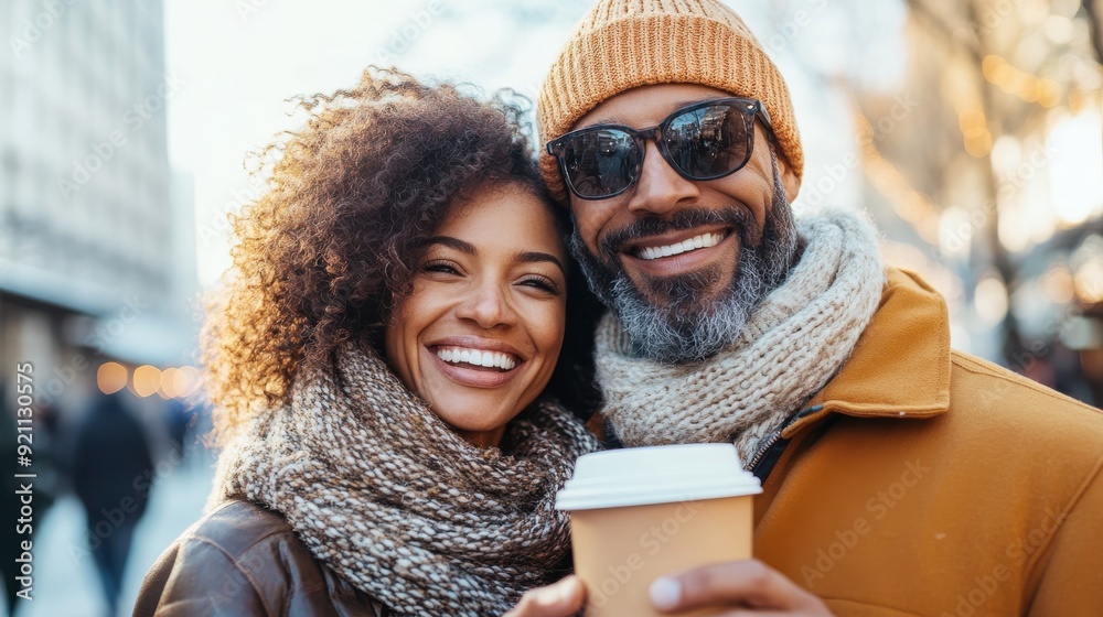 A couple is enjoying a drink outdoors while warmly dressed in winter attire, smiling and capturing the essence of joy and companionship in a cold but lively setting. A couple is enjoying a drink outdoors while warmly dressed in winter attire, smiling and capturing the essence of joy and companionship in a cold but lively setting.