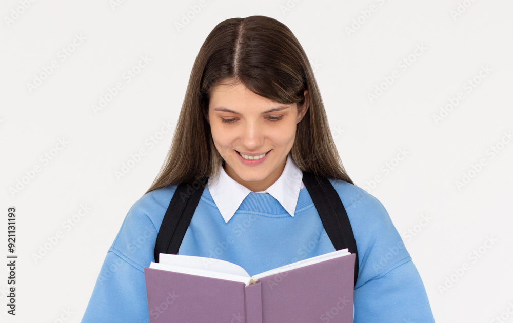Photo of optimistic cute long hairdo lady reading book wear spectacles blue sweatshirt isolated on white color background Photo of optimistic cute long hairdo lady reading book wear spectacles blue sweatshirt isolated on white color background