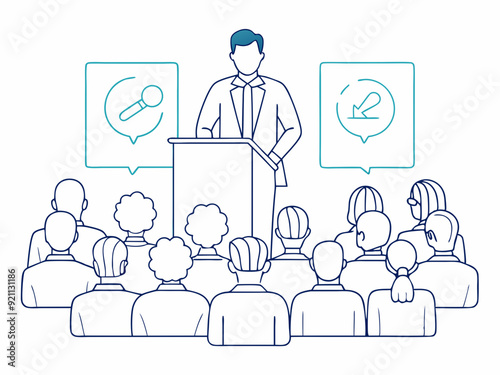 continuous single line drawing of keynote speaker and audience at business conference, line art vector illustration
