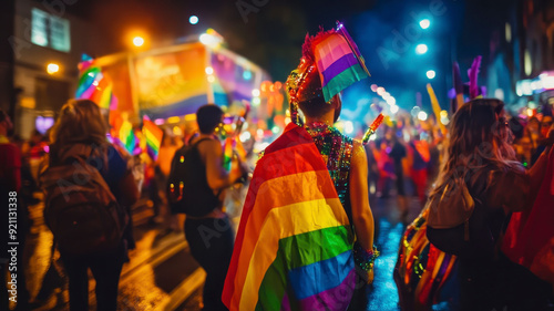 A PRIDE parade at night with glowing neon