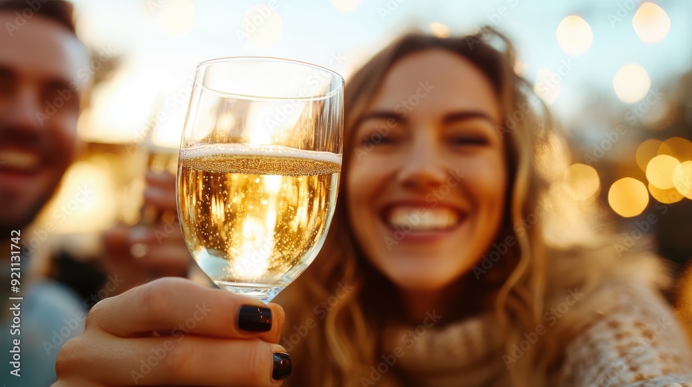 A close-up shot of a woman holding up a glass of champagne, smiling and celebrating, with bokeh lights in the background, capturing a festive and joyful moment. A close-up shot of a woman holding up a glass of champagne, smiling and celebrating, with bokeh lights in the background, capturing a festive and joyful moment.