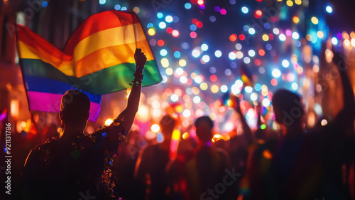 A PRIDE parade at night with glowing neon photo