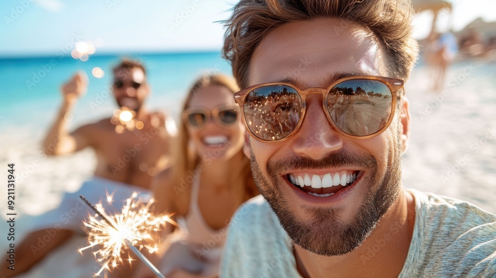 A group of friends, two men and a woman, enjoying a playful beach day, holding sparklers, wearing casual summer clothes, and smiling with the ocean in the background. A group of friends, two men and a woman, enjoying a playful beach day, holding sparklers, wearing casual summer clothes, and smiling with the ocean in the background.