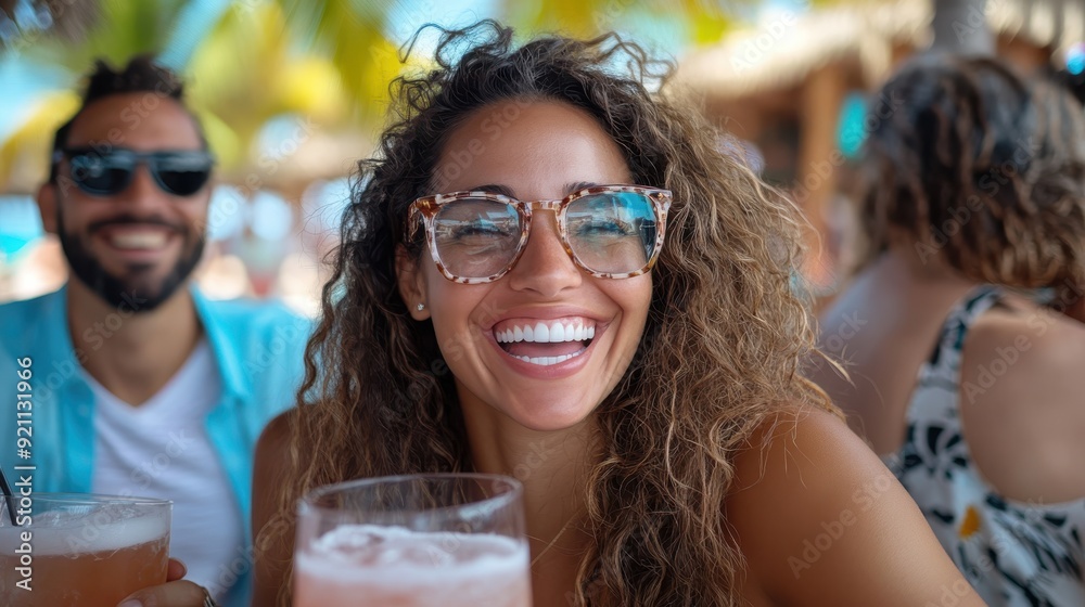 A cheerful woman with curly hair and stylish sunglasses enjoying a refreshing tropical drink at a beachside café, with a friend in the background, wearing a vibrant beach dress. A cheerful woman with curly hair and stylish sunglasses enjoying a refreshing tropical drink at a beachside café, with a friend in the background, wearing a vibrant beach dress.
