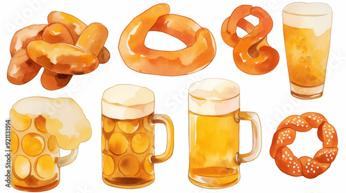 Ilustrações em aquarela de canecas de cerveja e petiscos tradicionais da Oktoberfest, incluindo pretzels e pãezinhos, perfeitos para designs festivos. photo