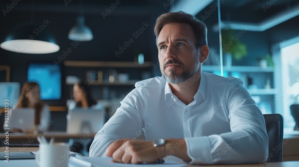 Strategic Thinking: A pensive businessman contemplates the next move, his gaze focused on an unseen horizon. The office setting adds a layer of professionalism and focus, hinting at a determined mind Strategic Thinking: A pensive businessman contemplates the next move, his gaze focused on an unseen horizon. The office setting adds a layer of professionalism and focus, hinting at a determined mind