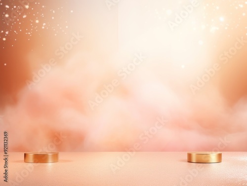 Peach smoke empty scene background with spotlights mist fog with gold glitter sparkle stage studio interior texture for display products blank copyspace  photo