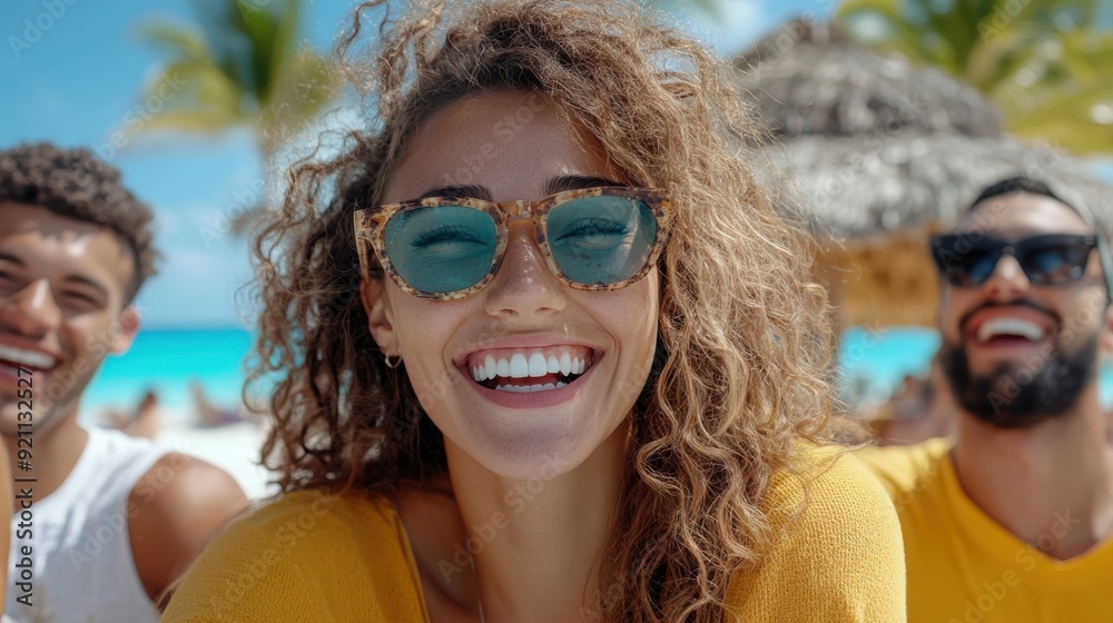 A cheerful woman with curly hair and sunglasses smiling broadly at the beach, with her friends in the background, epitomizing happiness and the joy of sunny beach days. A cheerful woman with curly hair and sunglasses smiling broadly at the beach, with her friends in the background, epitomizing happiness and the joy of sunny beach days.