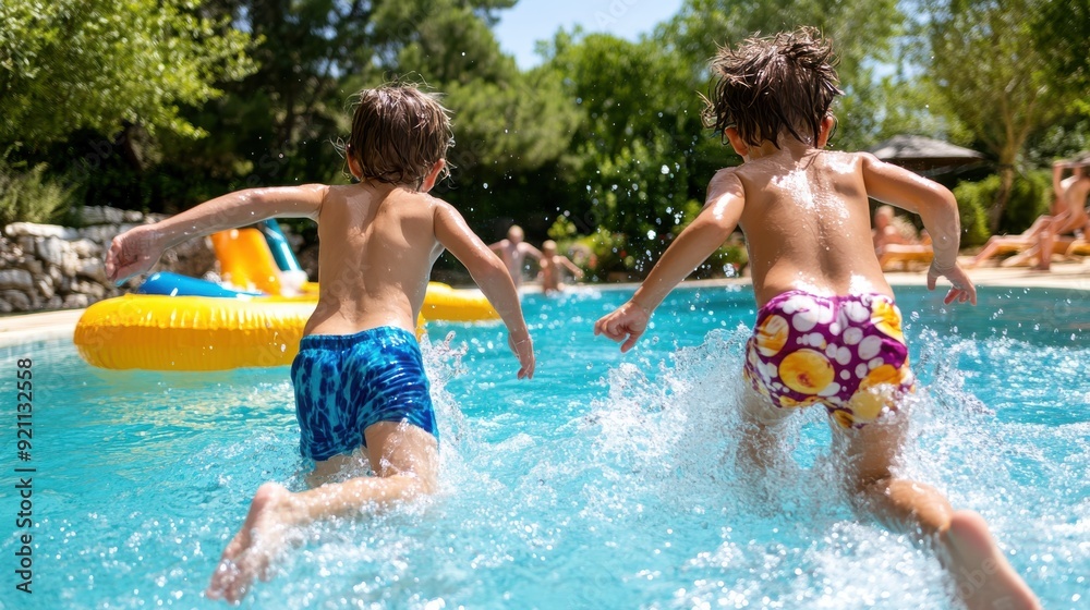 Two children joyfully jump into an outdoor swimming pool on a sunny day, capturing the exhilaration and carefree fun of a summer afternoon spent splashing in the water. Two children joyfully jump into an outdoor swimming pool on a sunny day, capturing the exhilaration and carefree fun of a summer afternoon spent splashing in the water.