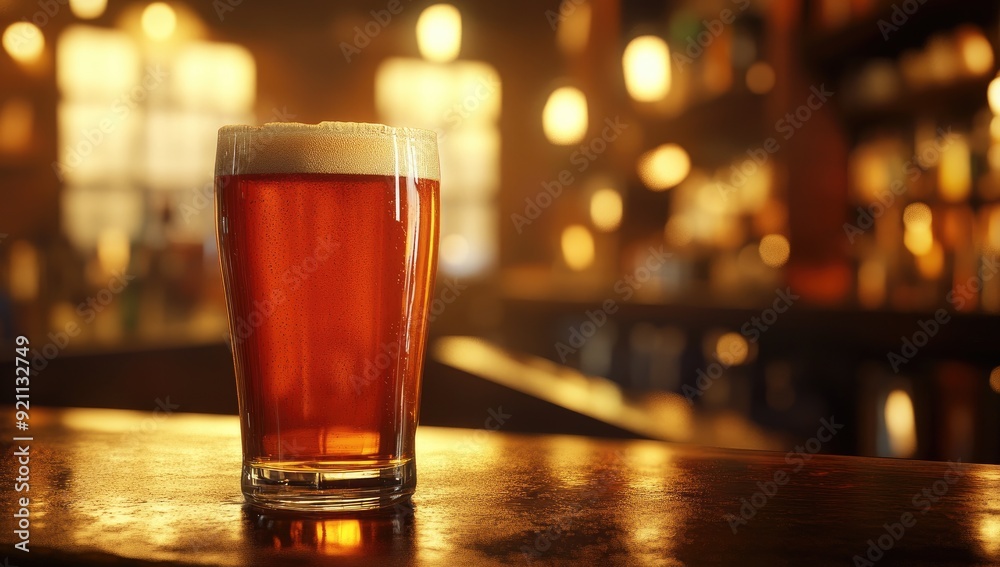 Glass of Beer on Bar Counter with Warm Lighting and Blurry Background Glass of Beer on Bar Counter with Warm Lighting and Blurry Background