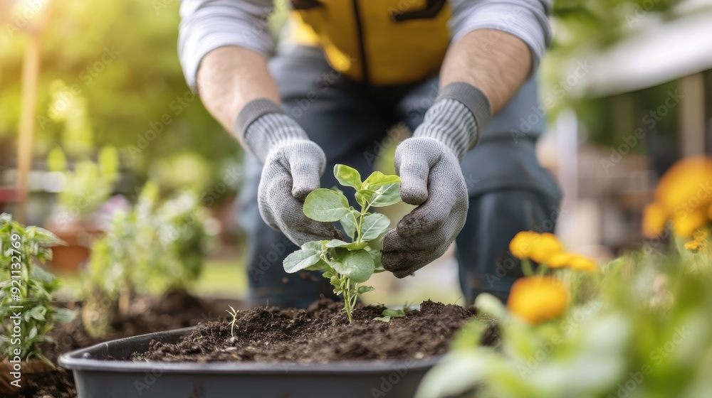 Fototapeta premium A gardener is seen planting a healthy seedling in a large black container, symbolizing growth and nurturing, with vibrant green plants surrounding the focused individual outdoors.